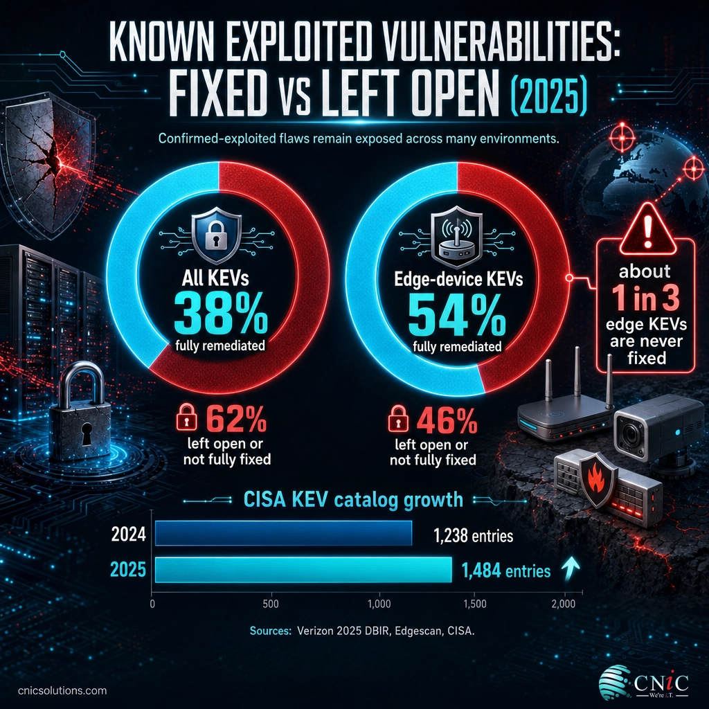 Infographic showing 38% of all KEVs and 54% of edge KEVs remediated, with the CISA KEV catalog growing to 1,484 entries
