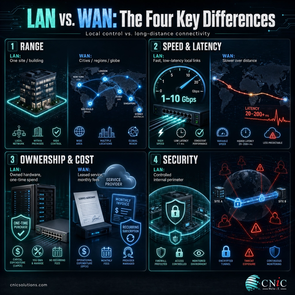 Four-quadrant infographic of LAN vs WAN differences in range, speed, cost, and security
