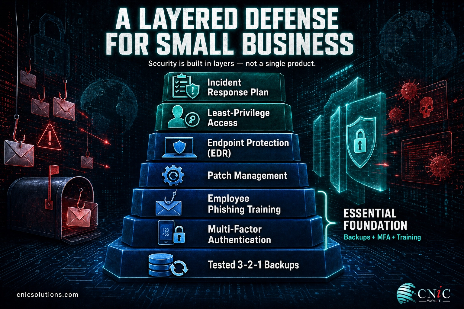 Infographic of a layered small business security stack from backups and MFA up to an incident response plan