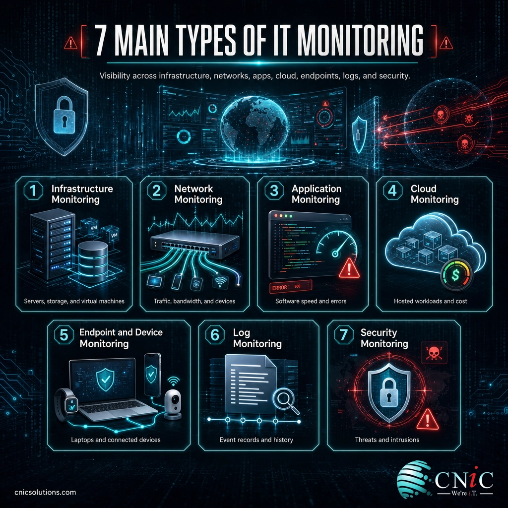 Infographic of the seven main types of IT monitoring including infrastructure, network, application, cloud, endpoint, log, and security monitoring