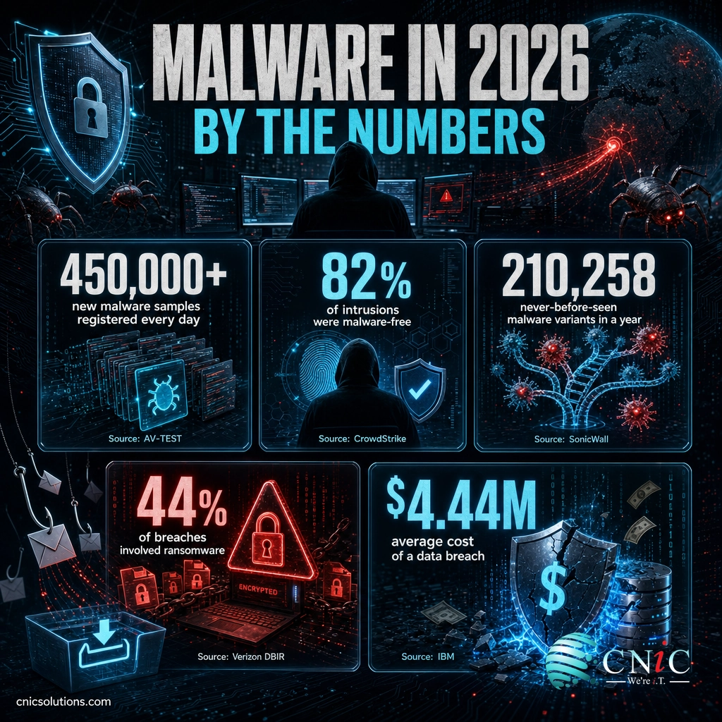 Infographic of five key 2026 malware statistics: daily samples, malware-free rate, new variants, ransomware share, breach cost