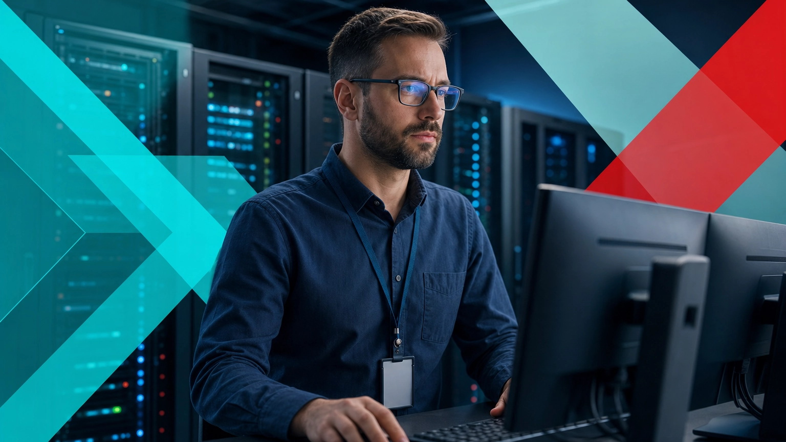 IT professional monitoring managed backup and recovery status in a server room