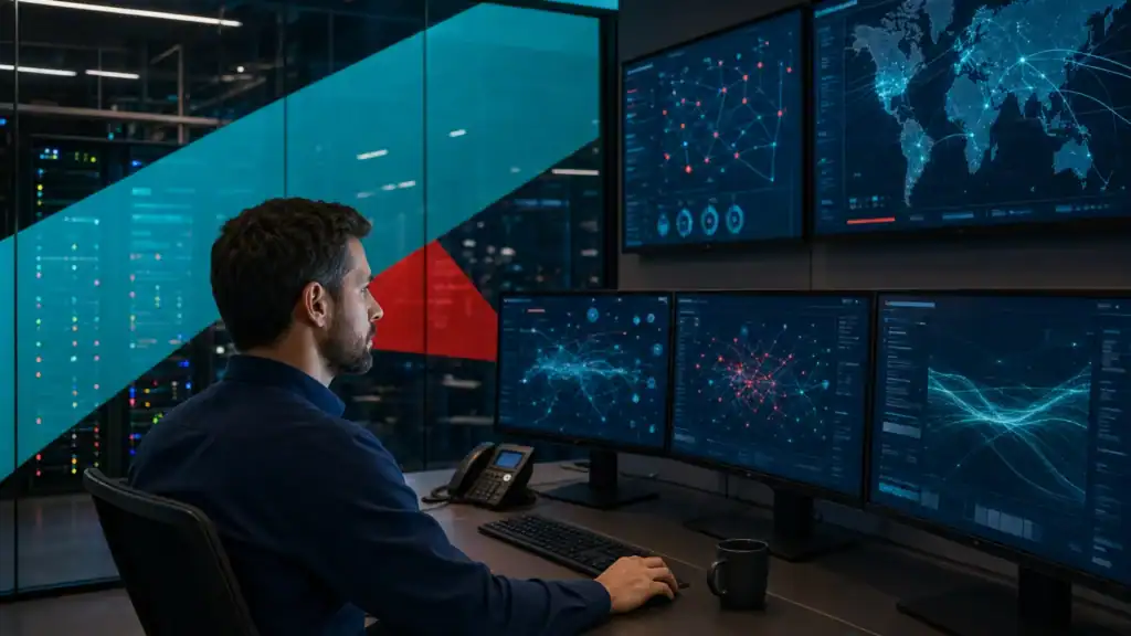 IT professional monitoring network security and infrastructure in a high-tech data center.
