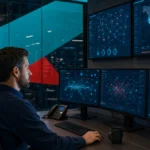 IT professional monitoring network security and infrastructure in a high-tech data center.