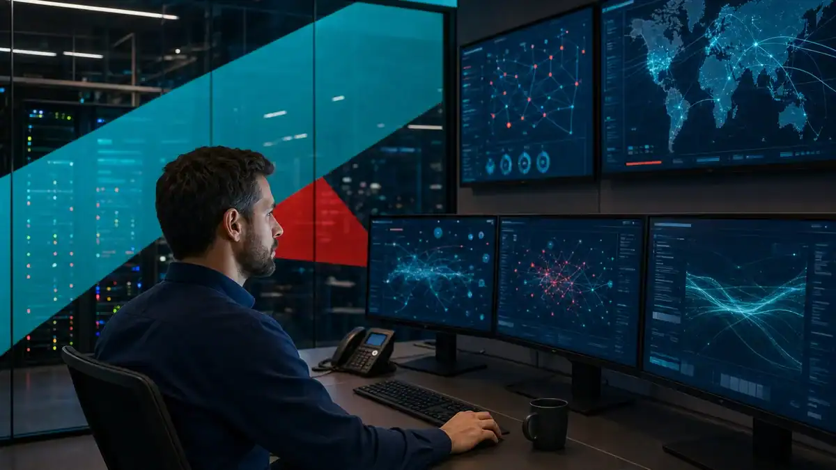 IT professional monitoring network security and infrastructure in a high-tech data center.