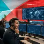 IT support team monitoring cybersecurity and network infrastructure in a modern control room.