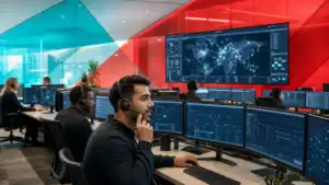 IT support team monitoring cybersecurity and network infrastructure in a modern control room.