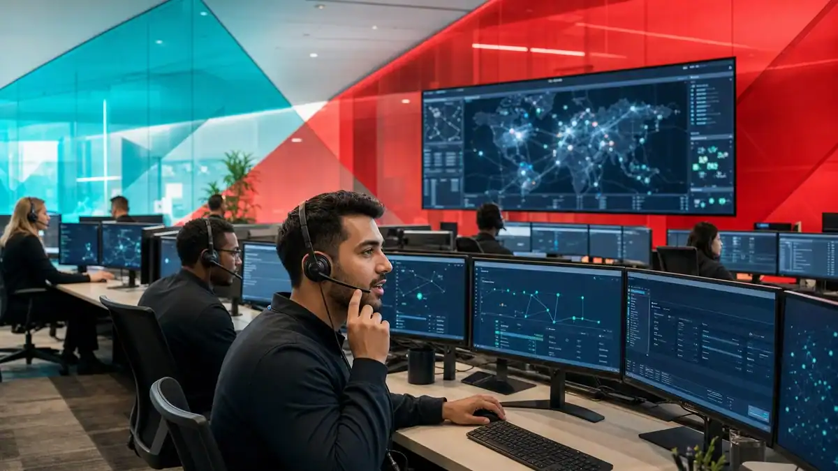IT support team monitoring cybersecurity and network infrastructure in a modern control room.