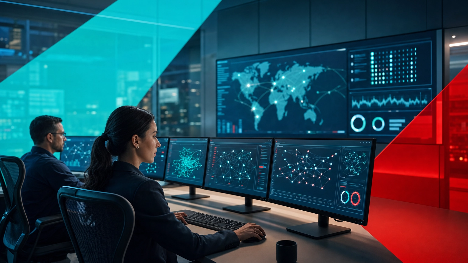 IT professionals monitoring network and infrastructure dashboards in a managed services operations center
