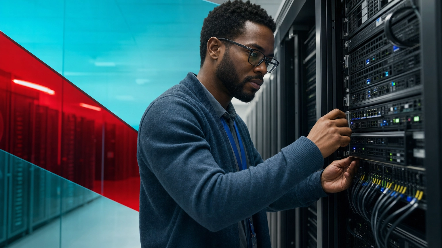 IT professional managing rack servers in a clean modern server room
