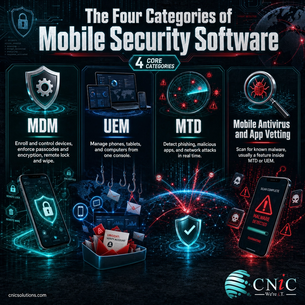 Infographic comparing MDM, UEM, mobile threat defense, and mobile antivirus categories