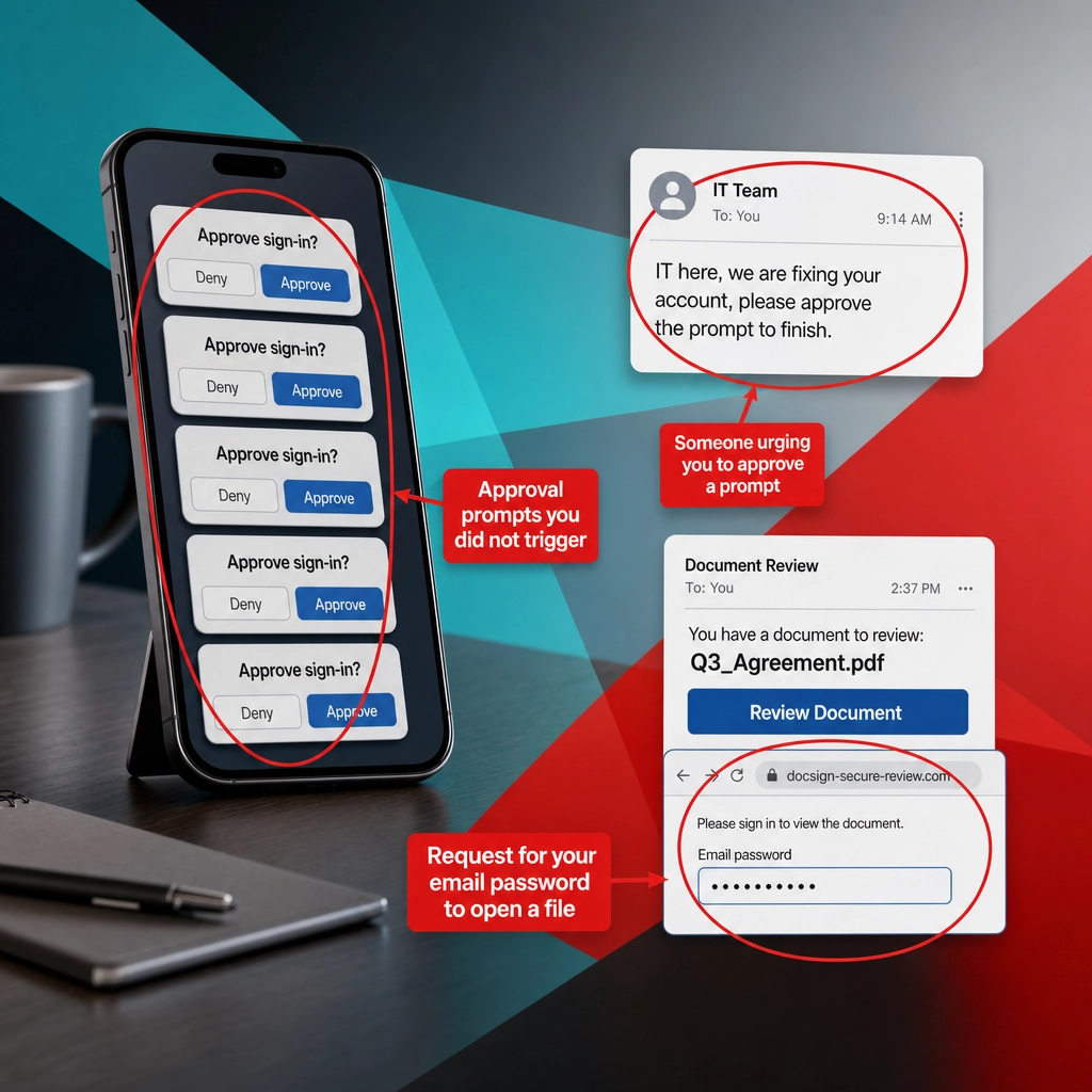 Annotated mockup of MFA fatigue push prompts and a fake e-signature document email