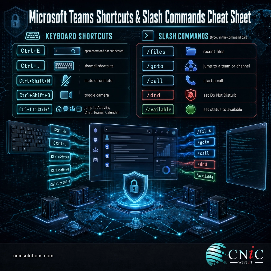 Cheat sheet of Microsoft Teams keyboard shortcuts and slash commands for faster navigation