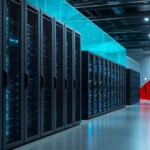 Rows of illuminated server racks in a modern cloud data center powering business cloud computing