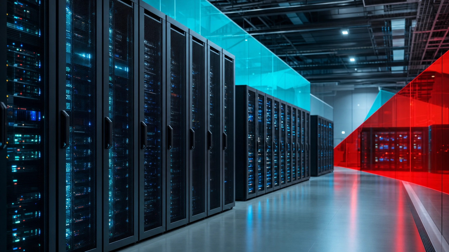 Rows of illuminated server racks in a modern cloud data center powering business cloud computing