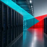 Rows of server racks in a modern data center aisle representing business server infrastructure