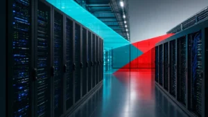 Rows of server racks in a modern data center aisle representing business server infrastructure