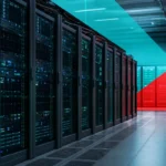 Rows of rack-mounted servers in a modern data center that host virtual machines through server virtualization