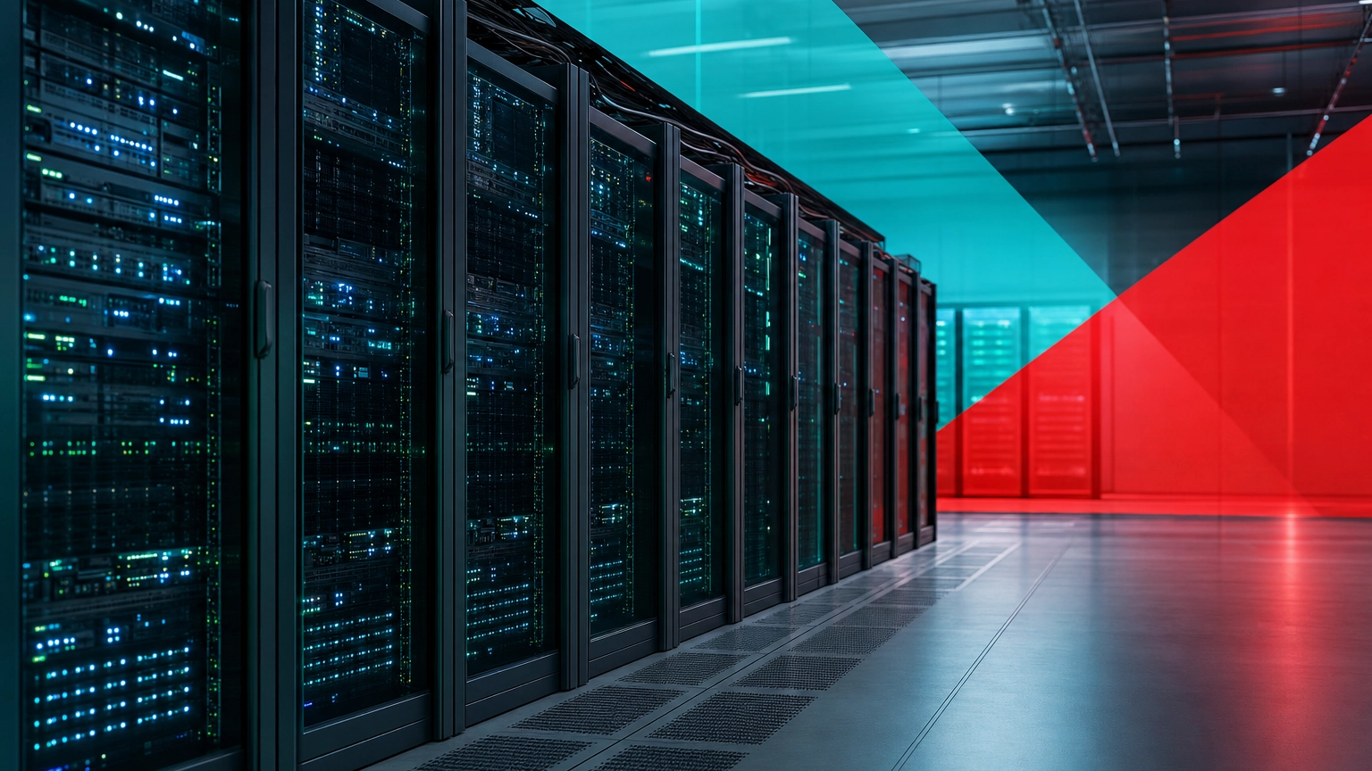 Rows of rack-mounted servers in a modern data center that host virtual machines through server virtualization