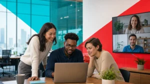 Small-business team collaborating in-office and with remote colleagues on a Microsoft Teams video call