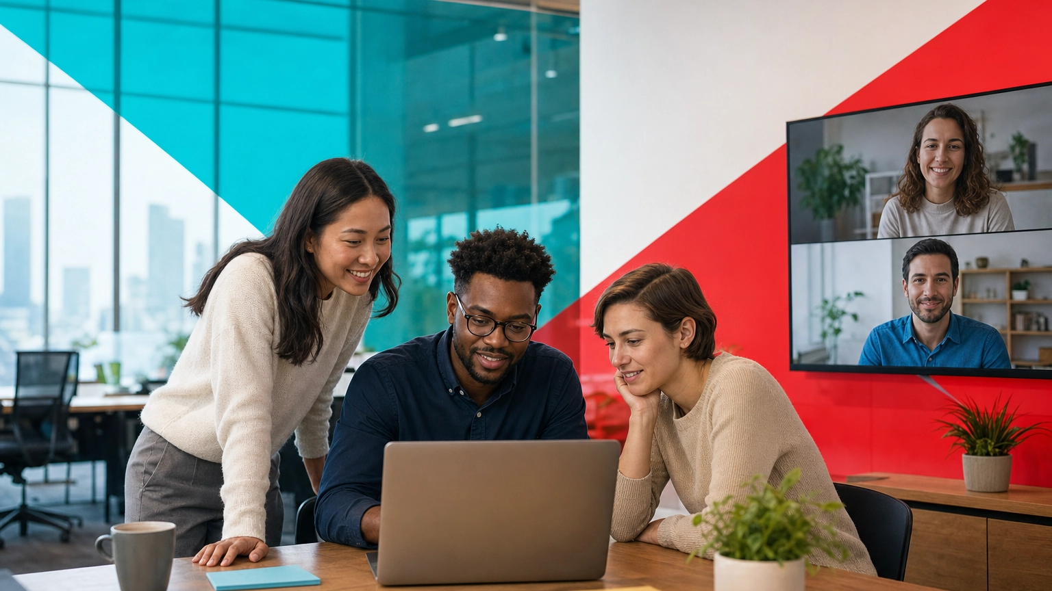 Small-business team collaborating in-office and with remote colleagues on a Microsoft Teams video call