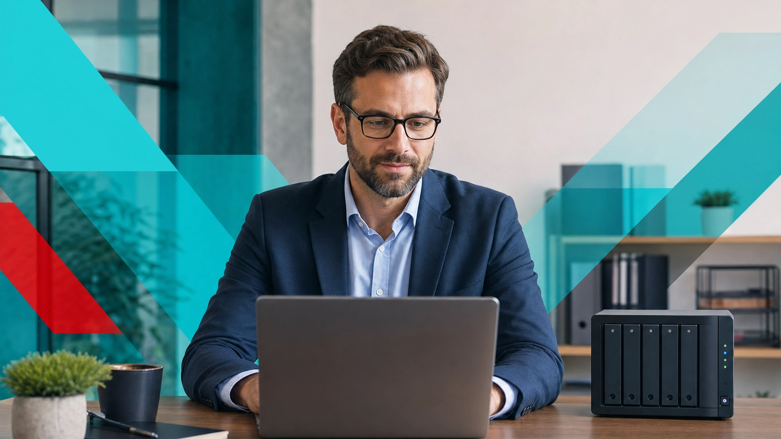 Business manager reviewing files with a multi-bay NAS storage device on the desk in a modern office