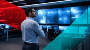 IT professional monitoring uptime on operations center screens, representing SLA, SLO, and SLI reliability metrics