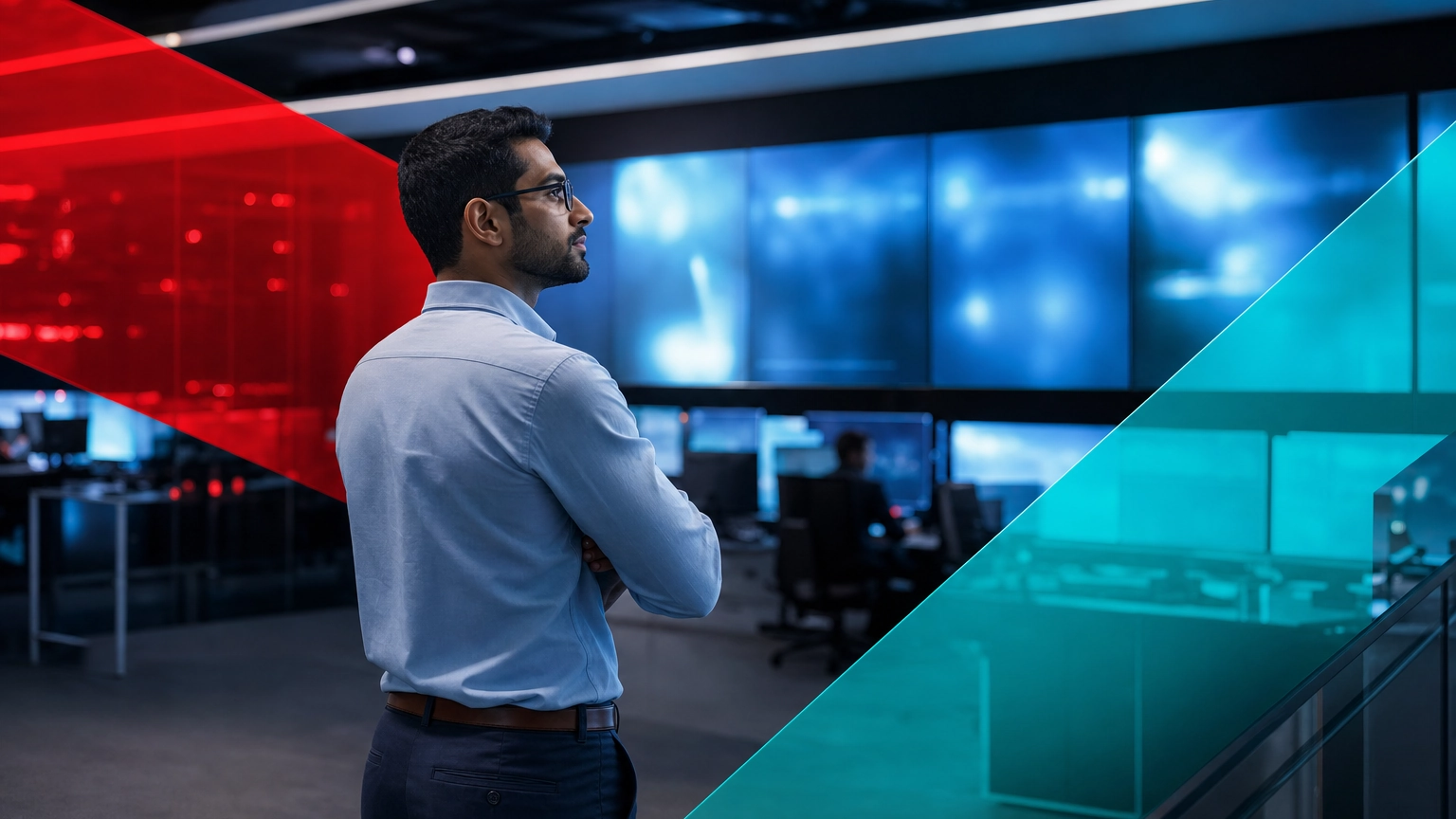 IT professional monitoring uptime on operations center screens, representing SLA, SLO, and SLI reliability metrics