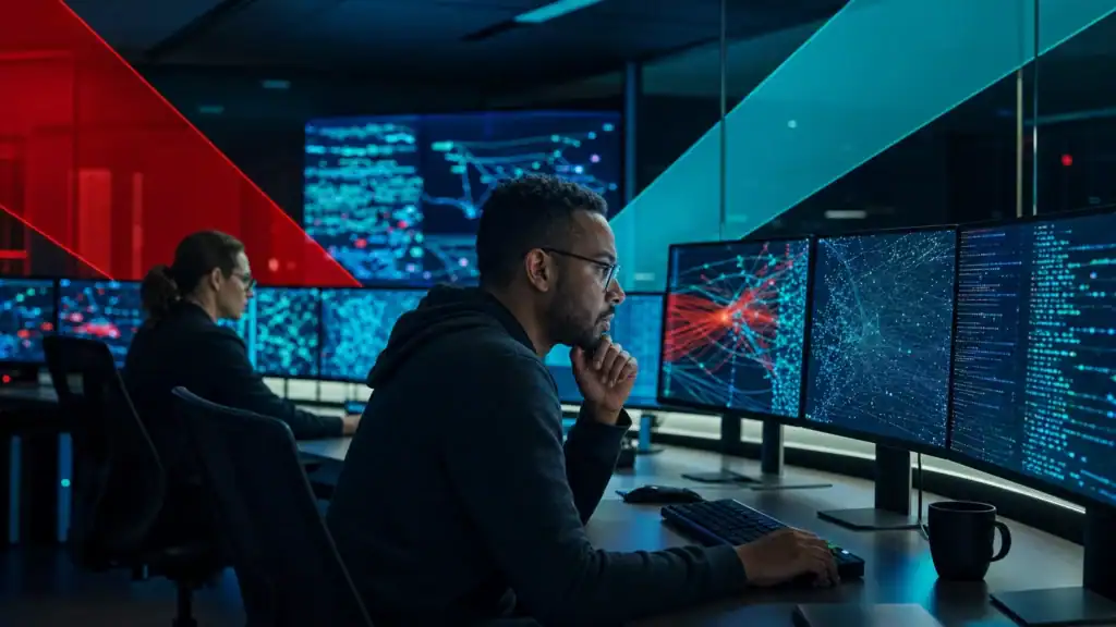 IT security professionals monitoring network activity and cybersecurity threats in a high-tech control room.