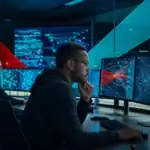 IT security professionals monitoring network activity and cybersecurity threats in a high-tech control room.