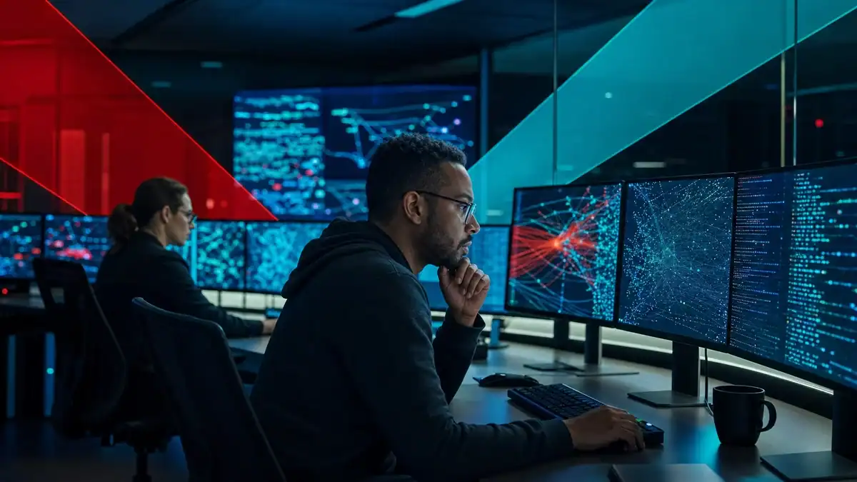 IT security professionals monitoring network activity and cybersecurity threats in a high-tech control room.
