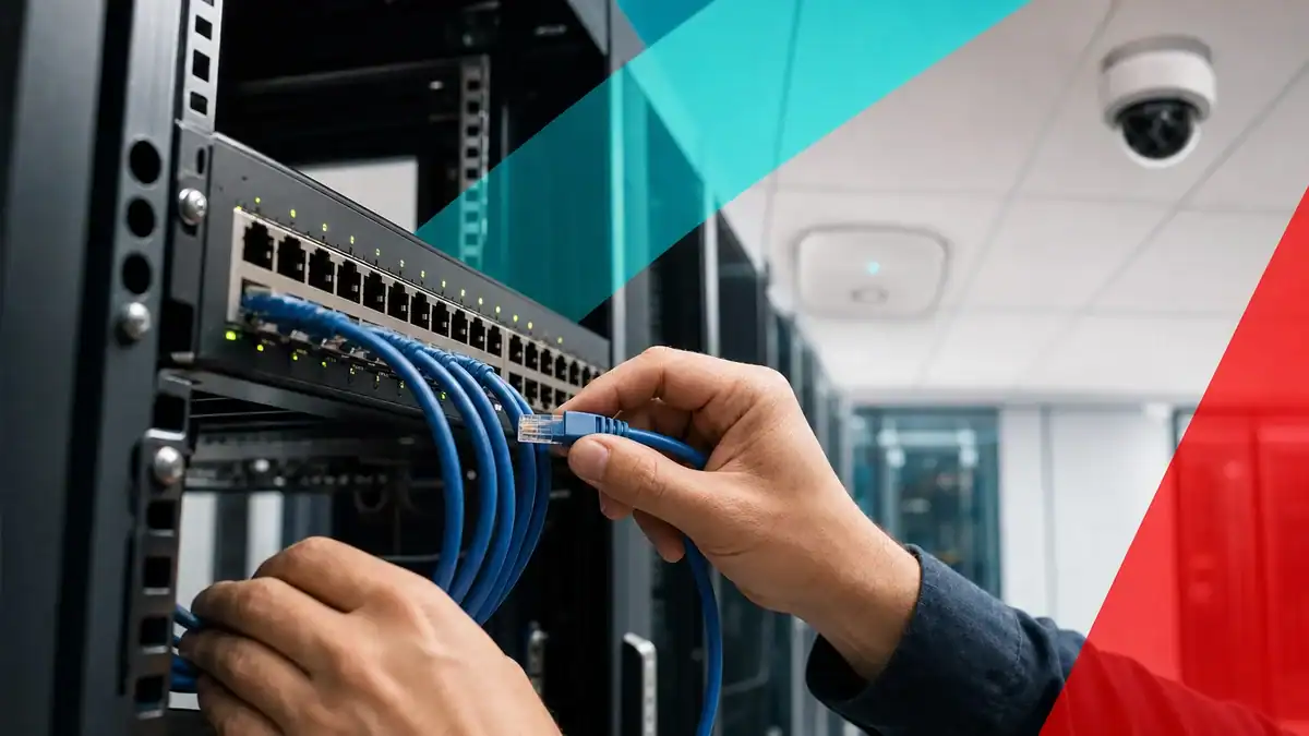 IT technician managing network cables in a data center for reliable business connectivity.