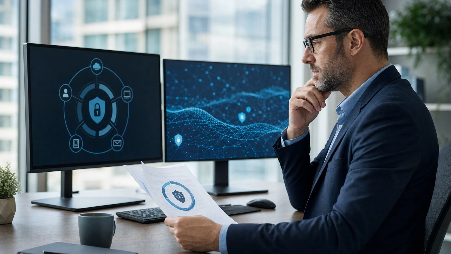 IT security professional reviewing NIST cybersecurity compliance documentation on a monitor