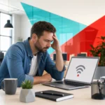 Office worker troubleshooting a Windows laptop showing a Wi-Fi connection problem