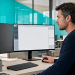 Office worker at a dual-monitor desk with an application window half off the edge of the active screen