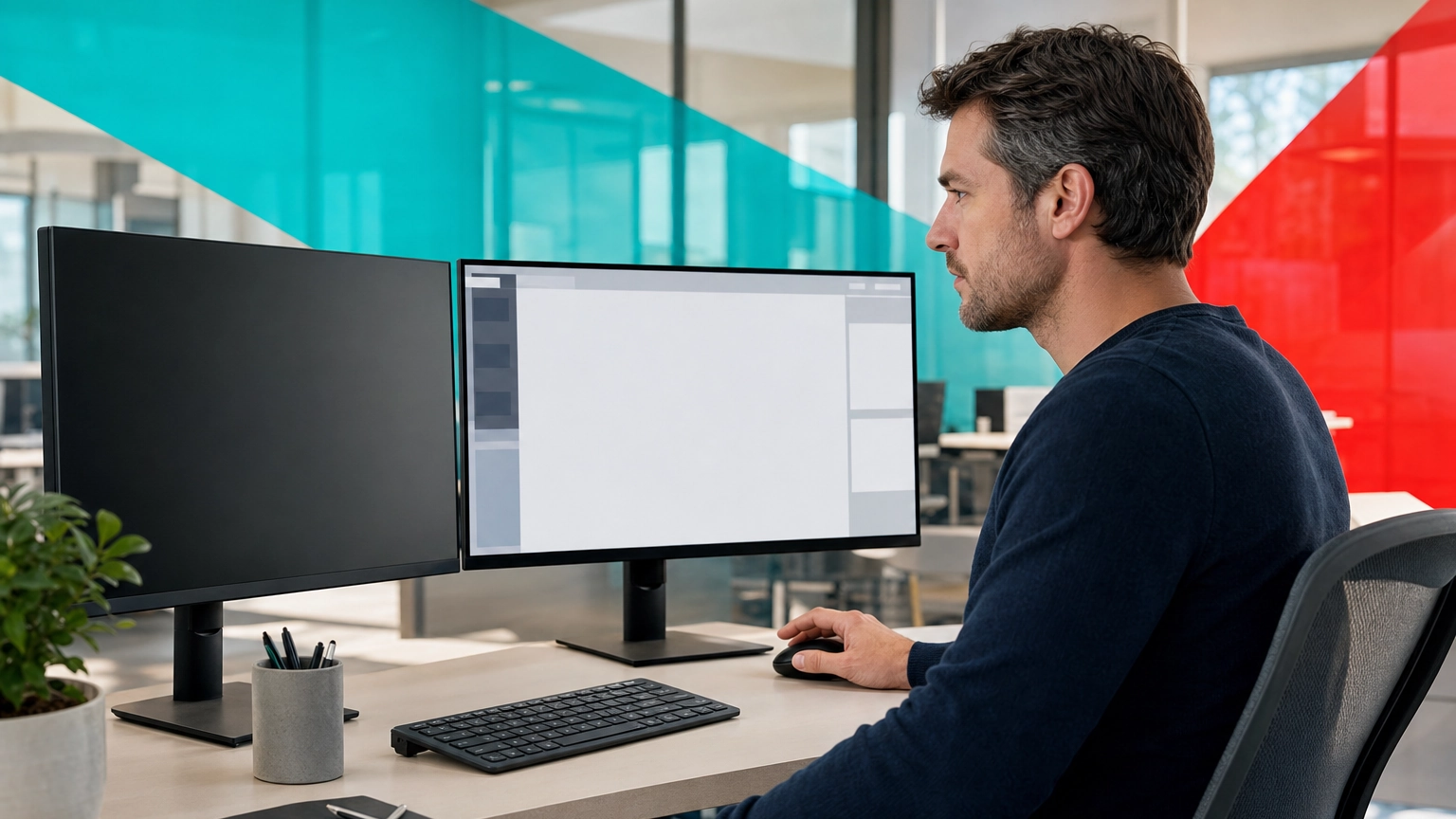 Office worker at a dual-monitor desk with an application window half off the edge of the active screen