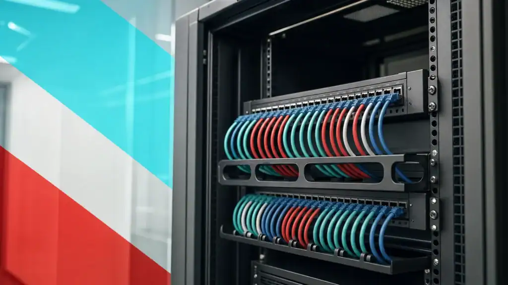 Network cabling infrastructure in a data center for reliable IT services and cybersecurity.