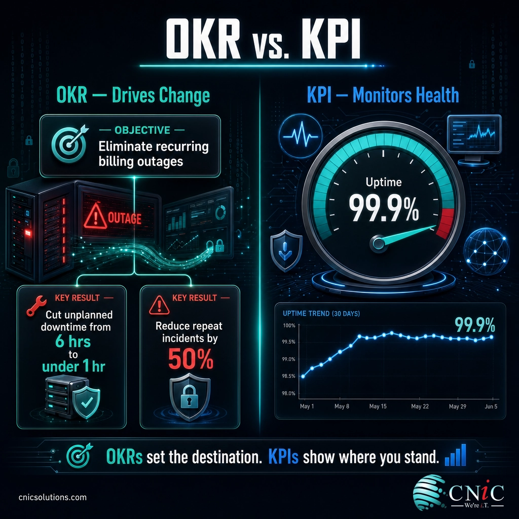 Infographic comparing an OKR (objective plus key results) with a KPI single-metric gauge