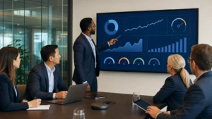 Business leaders reviewing goals and performance metrics on a dashboard