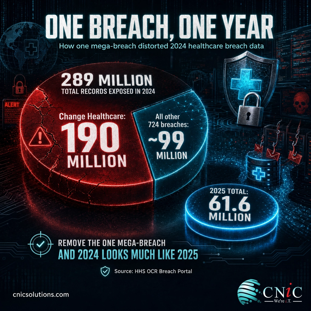 Infographic showing Change Healthcare's 190 million records as about two thirds of all 289 million healthcare records exposed in 2024