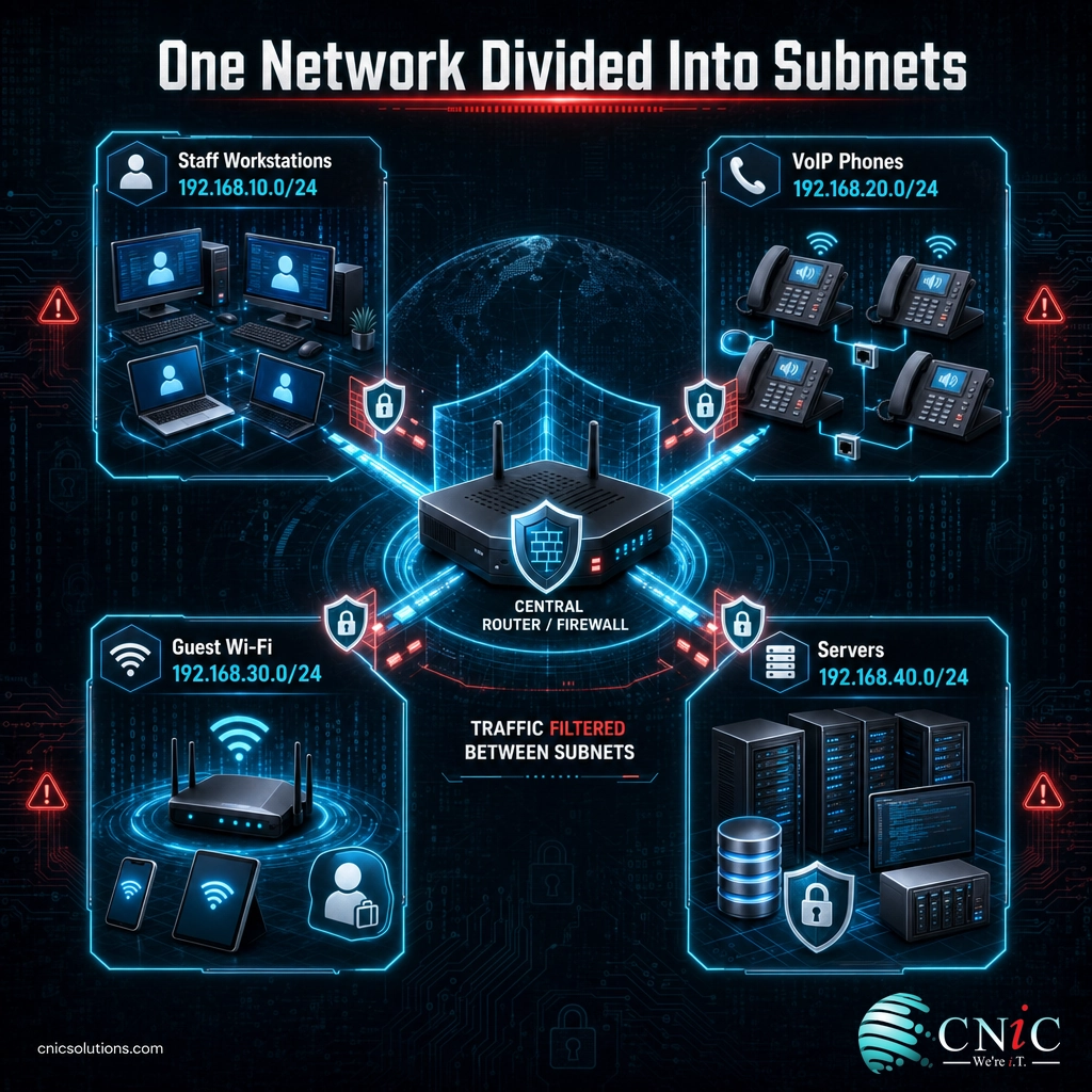 Infographic of a business network divided into staff, VoIP, guest Wi-Fi, and server subnets connected through a central router