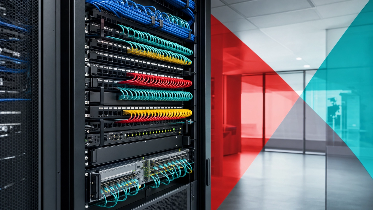 Neatly organized network rack with patch panels and structured cabling in a commercial telecom room