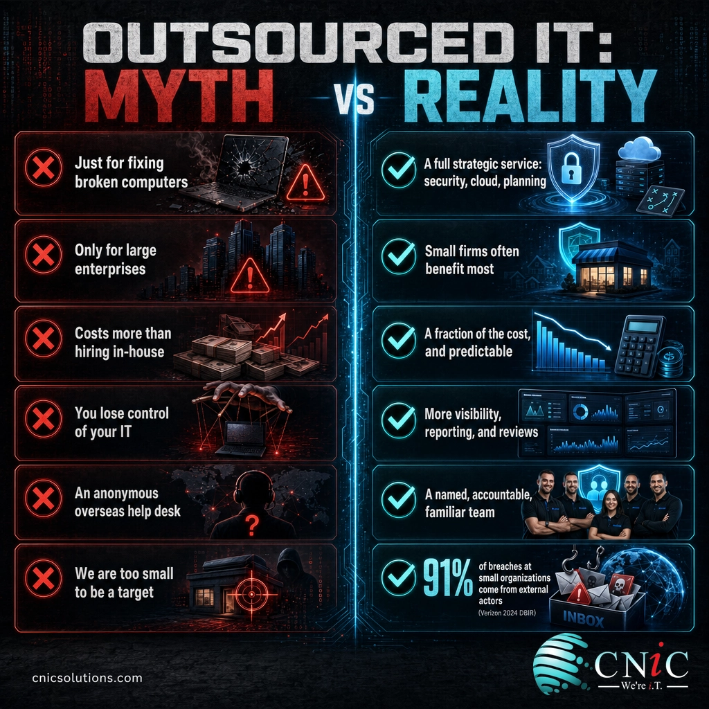 Split infographic comparing six common myths about outsourced IT with the data-backed reality