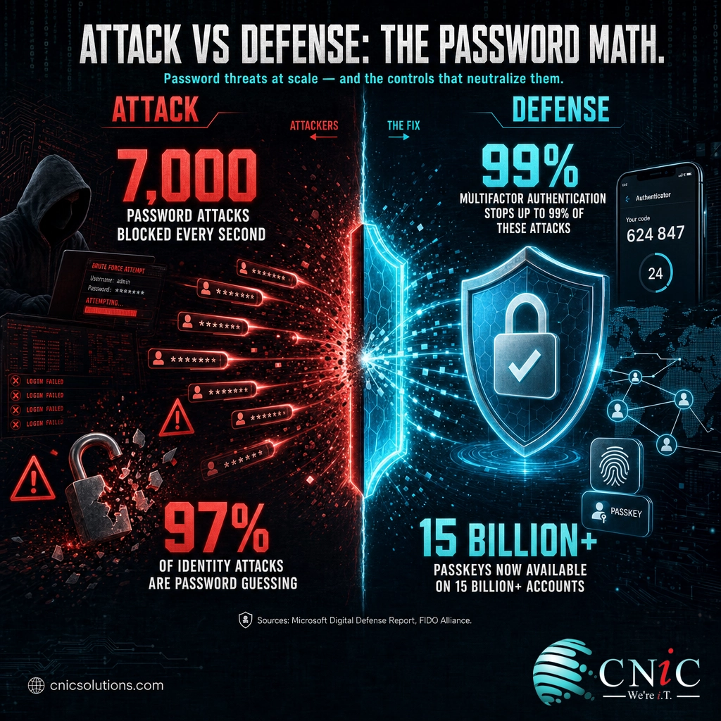 Split infographic showing 7000 password attacks per second on one side and MFA stopping 99 percent plus passkeys on the other