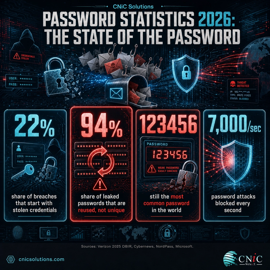 Infographic of 2026 password statistics: 22% of breaches from stolen credentials, 94% reused, 123456 top password, 7000 attacks per second
