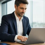Professional signing into a laptop with a fingerprint instead of a password, showing passwordless passkey login