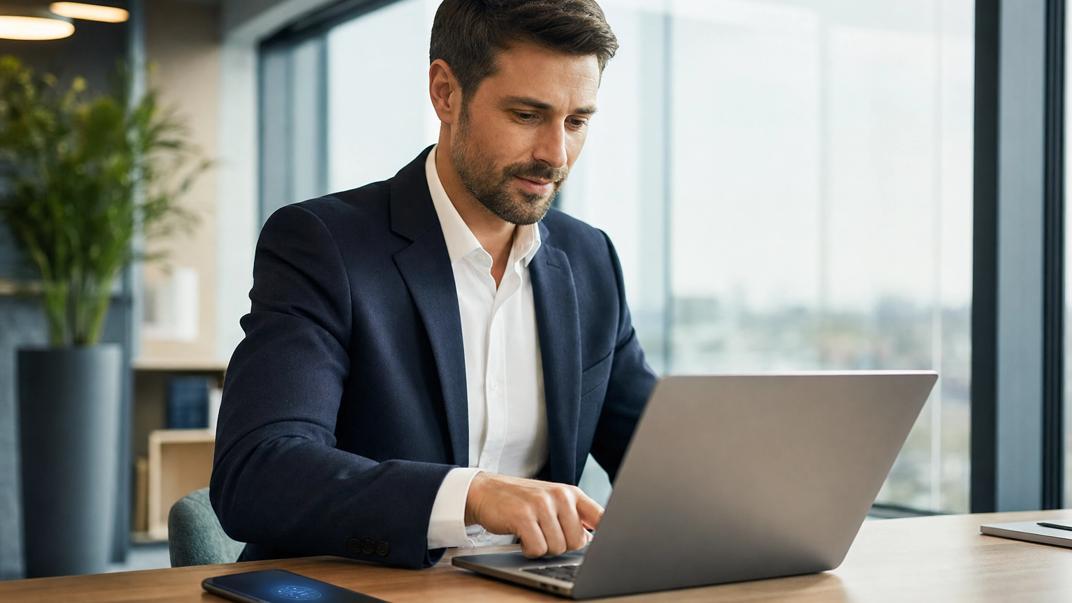Professional signing into a laptop with a fingerprint instead of a password, showing passwordless passkey login