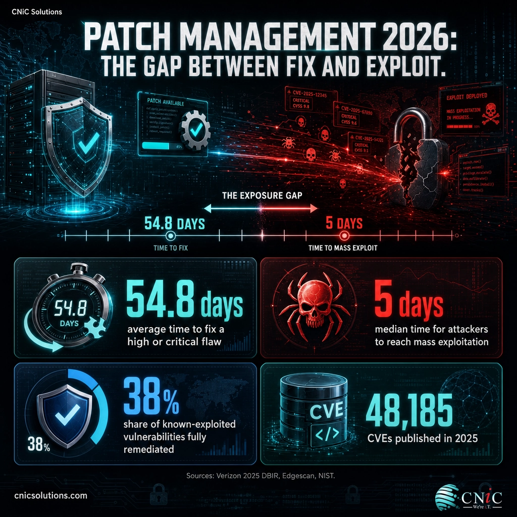 Infographic of 2026 patch management statistics: 54.8-day fix time, 5-day exploit time, 38% KEV remediation, 48,185 CVEs