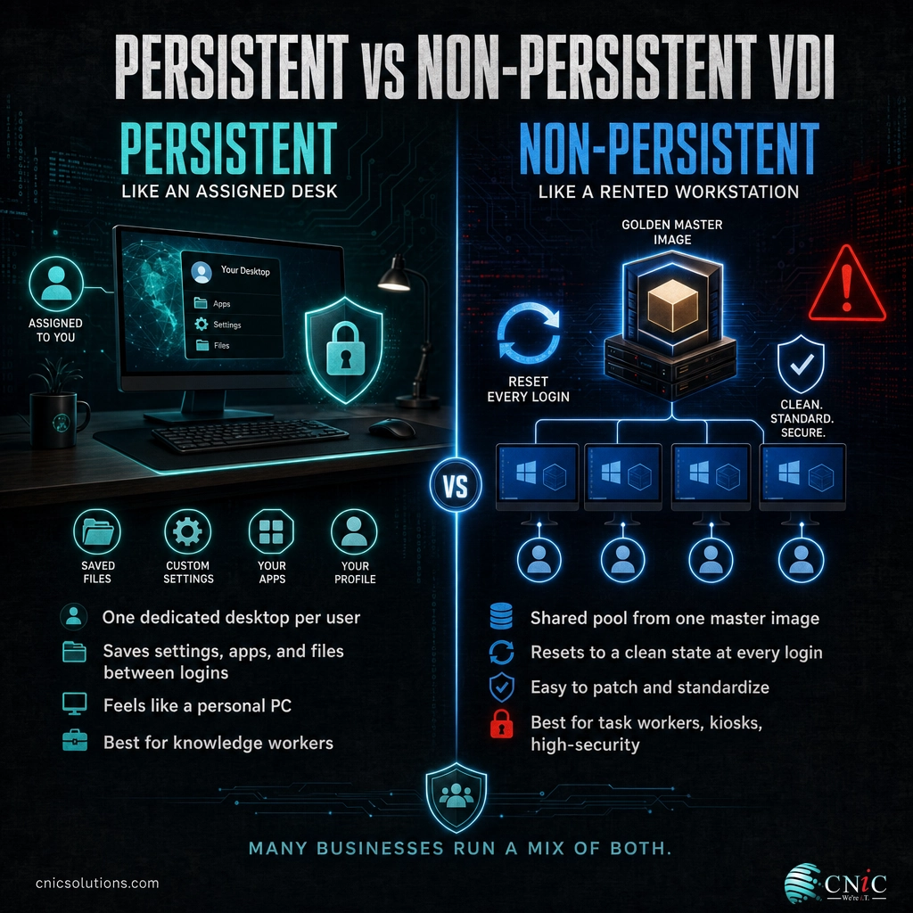 Two-column infographic comparing persistent and non-persistent virtual desktops, assigned desk versus rented workstation