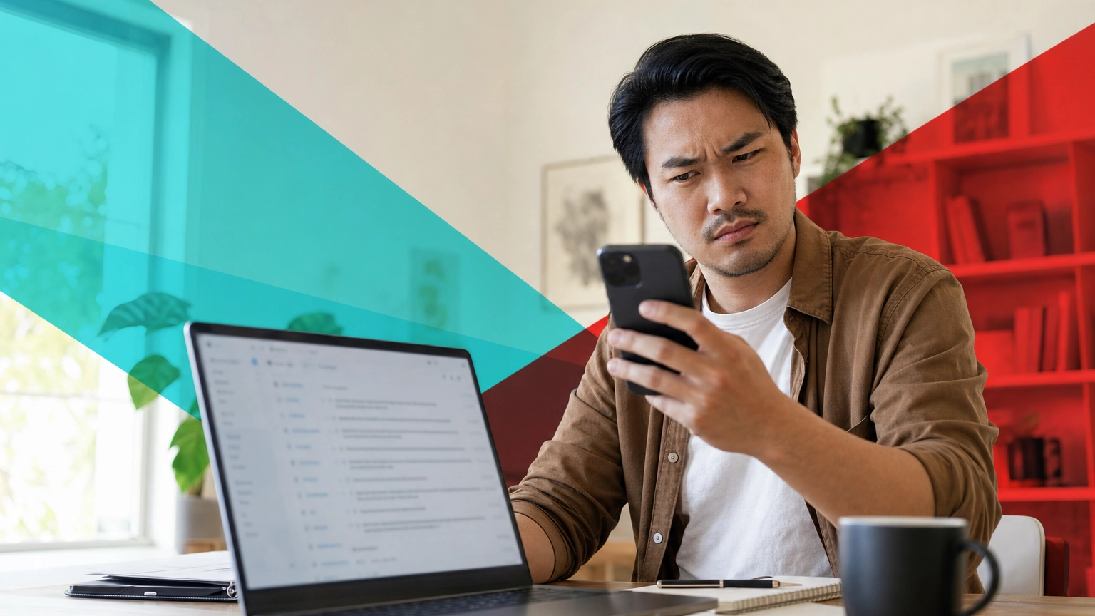Person looking skeptically at a payment app email on their phone at a desk, wary of a possible scam